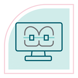 Icon of teeth with braces displayed on a computer screen representing digital orthodontic treatment planning.