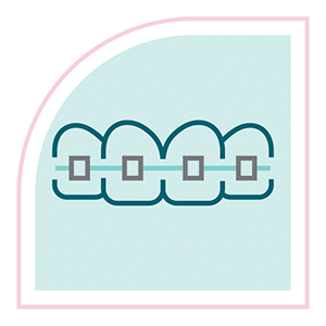 Illustrated icon of teeth with traditional metal braces representing orthodontic braces treatment.